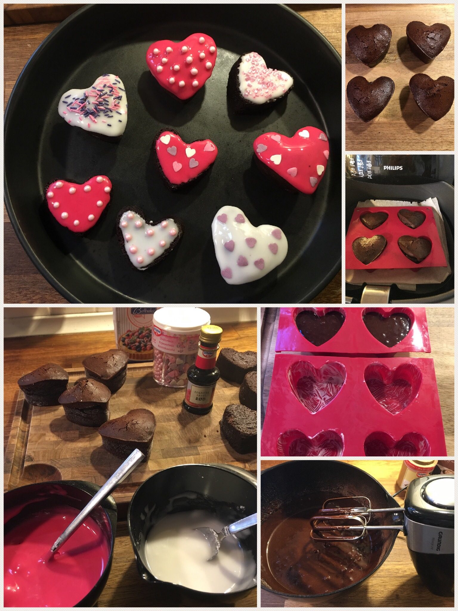 Chokoladekage hjerter med glasur og pynt