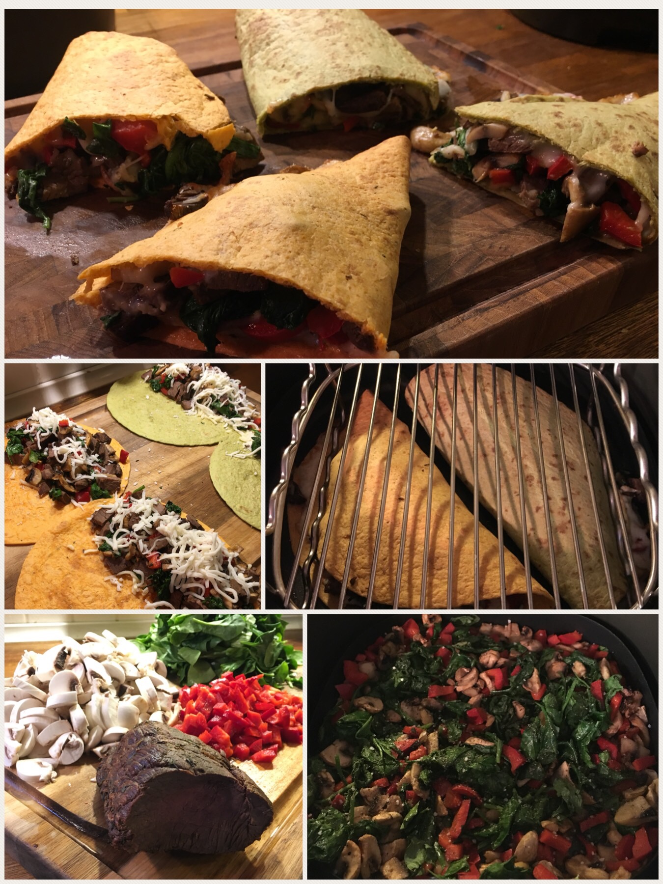 Quesadillas med skært oksekød, champignon, spinat og rød peber