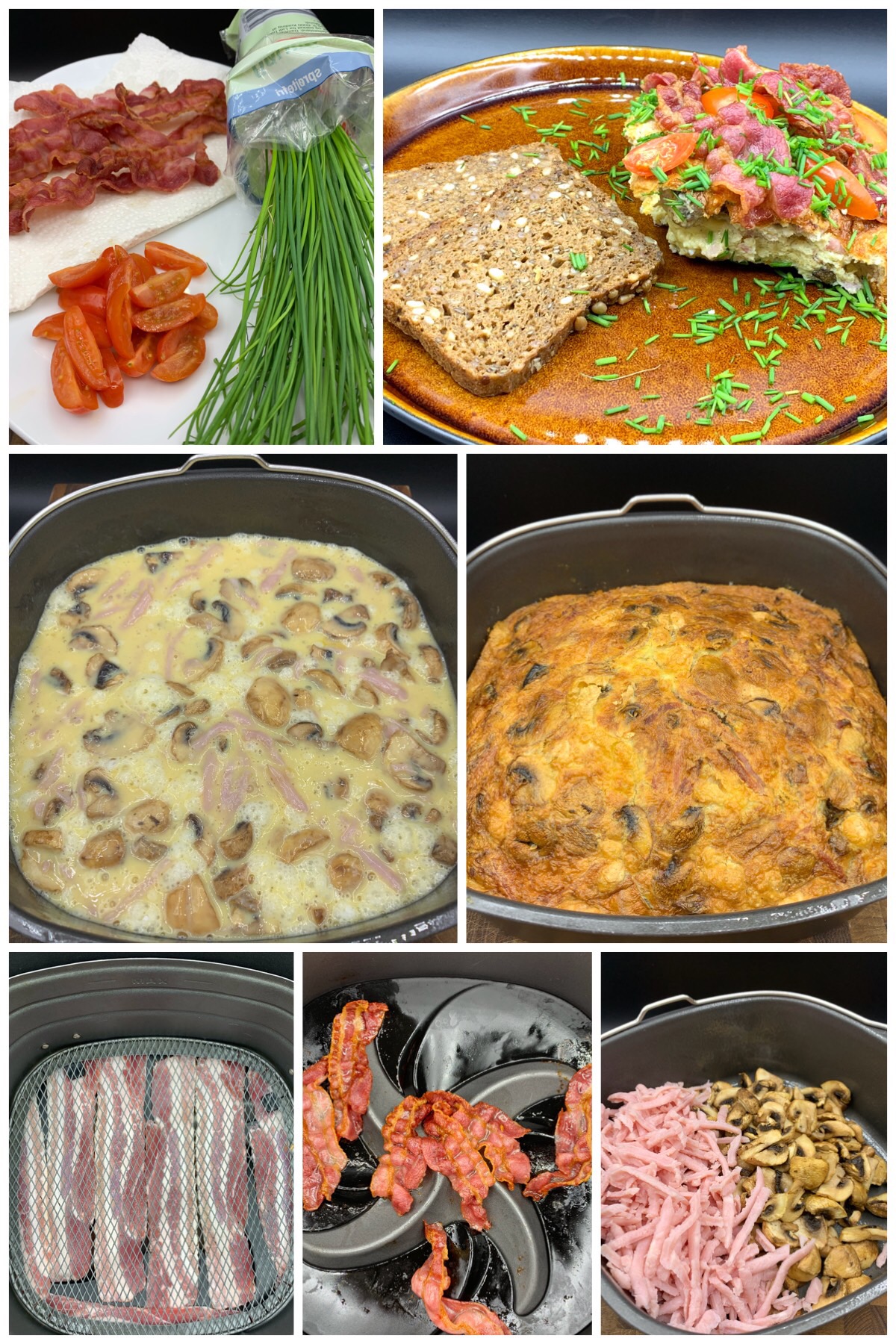 Æggekage med champignon, skinke, bacon, tomater og purløg